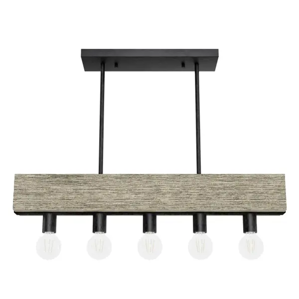 Relax under the light of the Donelson Chandelier. The wood-inspired details and metal finish evoke a rustic feel, while the linear chandelier's clean design gives this fixture a modern edge. This light will bring a welcome glow to your table and serve as a testament to your impeccable sense of style. Add the Donelson sconces to complete your space, or browse our other collections to mix and match. Rated for indoor spaces exposed to humidity Requires 5 E26 bulbs. Bulbs not included. INDOOR-DAMP RATED: For use in indoor spaces exposed to humidity like bathrooms and laundry rooms. BULB RECOMMENDATION: Maximum W per light bulb or equivalent LED bulb. Bulbs not included. PICTURED HERE: Match our image using G25 Globe light bulbs. CUSTOMIZABLE HANGING OPTIONS: With the minimum required downrod, the hanging length is 13.5 inches. When using all of the included downrod, the maximum hanging length is 61.5 inches. WARRANTY: One-year limited warranty backed by the trusted experts at Hunter.