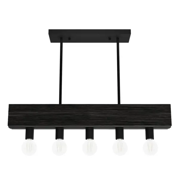 Relax under the light of the Donelson Chandelier. The wood-inspired details and metal finish evoke a rustic feel, while the linear chandelier's clean design gives this fixture a modern edge. This light will bring a welcome glow to your table and serve as a testament to your impeccable sense of style. Add the Donelson sconces to complete your space, or browse our other collections to mix and match. Rated for indoor spaces exposed to humidity Requires 5 E26 bulbs. Bulbs not included. INDOOR-DAMP RATED: For use in indoor spaces exposed to humidity like bathrooms and laundry rooms. BULB RECOMMENDATION: Maximum W per light bulb or equivalent LED bulb. Bulbs not included. PICTURED HERE: Match our image using G25 Globe light bulbs. CUSTOMIZABLE HANGING OPTIONS: With the minimum required downrod, the hanging length is 13.5 inches. When using all of the included downrod, the maximum hanging length is 61.5 inches. WARRANTY: One-year limited warranty backed by the trusted experts at Hunter. - alternate view