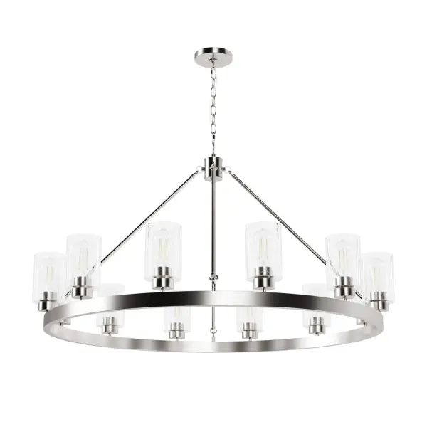 The Hartland brings farmhouse elegance to large spaces with its impressive 44-inch span and 12 Edison-style bulbs. Seeded glass shades and brushed nickel finish create a sophisticated yet approachable look that works in both traditional and contemporary settings.
