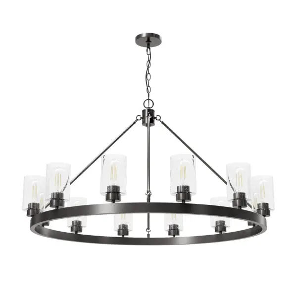 The Hartland Collection has it all, from understated elegance to regal beauty! Make every dinner a royal affair under the light of Hartland 12 Light Chandelier. This beautiful light with glass that dazzles and has rich finishes is a perfect fit for your castle. Let it dazzle guests over your table or in your living space. It is a beauty you will admire for years to come. Consider visiting the collection for accent lighting to complete your design. Rated for indoor use only Requires 12 E26 bulbs. Bulbs not included. MADE FOR INDOORS: For use in indoor spaces like kitchens, bedrooms, living rooms, dining rooms, and entryways. BULB RECOMMENDATION: Maximum W per light bulb or equivalent LED bulb. Bulbs not included. PICTURED HERE: Match our image using ST64 Edison light bulbs. CUSTOMIZABLE HANGING OPTIONS: With the minimum required chain, the hanging length is inches. When using all of the included chain, the maximum hanging length is inches. WARRANTY: One-year limited warranty backed by the trusted experts at Hunter. - alternate view
