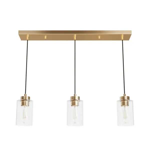 The Hartland collections always satisfy your taste for understated design, and the Hartland 3-Light Cluster is no exception. With clear-seeded glass pendants and your choice of metallic finishes, this light shines beautifully, creating a unique glow in your space. Over your kitchen island or in an entryway, this light will enhance your style! Check out other lights from the collection or the Hartland fan to create a relaxed and welcoming atmosphere. Rated for indoor use only Requires 3 E26 bulbs. Bulbs not included. MADE FOR INDOORS: For use in indoor spaces like kitchens, bedrooms, living rooms, dining rooms, and entryways. BULB RECOMMENDATION: Maximum W per light bulb or equivalent LED bulb. Bulbs not included. PICTURED HERE: Match our image using ST64 Edison light bulbs. CUSTOMIZABLE HANGING OPTIONS: With the minimum required cord, the hanging length is inches. When using all of the included cord, the maximum hanging length is inches. WARRANTY: One-year limited warranty backed by the trusted experts at Hunter. - alternate view