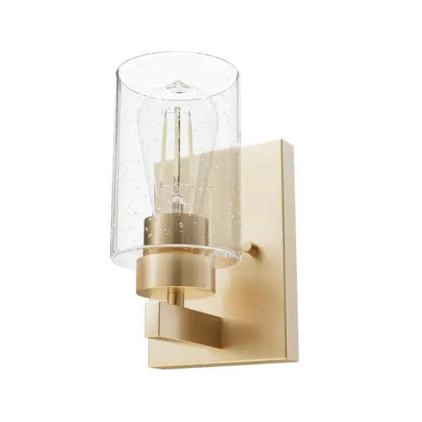 Let the Harland sconce be the guiding light leading your guests to the areas you want to highlight. This light is a mixture of metal and wood-inspired detailing featuring a beautiful, seeded glass shade. Place two or three down a long hallway or place two on either side of a work of art or mirror to give light to your fantastic style. Add other lights from the Hartland collection to create a warm, inviting space. Rated for indoor spaces exposed to humidity Requires 1 E26 bulbs. Bulbs not included. Mounts Up or Down INDOOR-DAMP RATED: For use in indoor spaces exposed to humidity like bathrooms and laundry rooms. BULB RECOMMENDATION: Maximum W per light bulb or equivalent LED bulb. Bulbs not included. PICTURED HERE: Match our image using ST64 Edison light bulbs. WARRANTY: One-year limited warranty backed by the trusted experts at Hunter. - alternate view