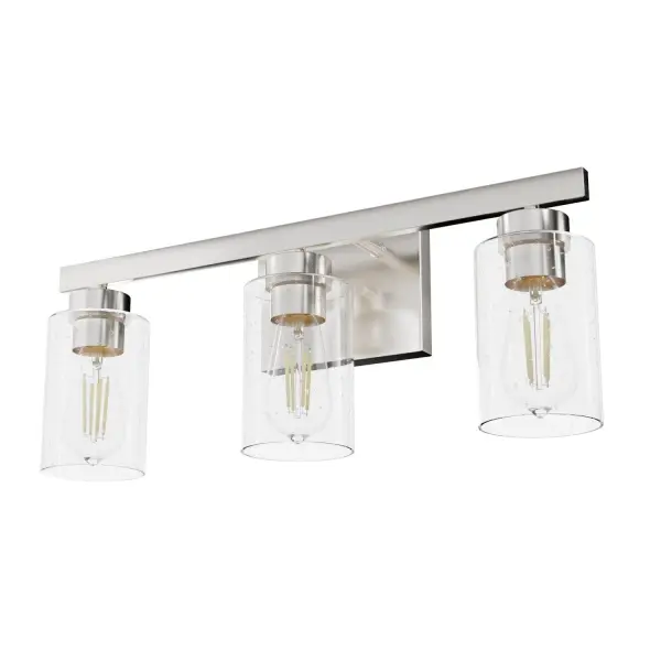 The simply perfect style of the Hartland vanity brightens your space and enhances your style. A mix of rustic and modern this design is a perfect fit in any space. Our assortment of finishes allows you to find the perfect light for your style. You can create a cohesive look throughout your home with other lights and fans from the Hartland collection. Rated for indoor spaces exposed to humidity Requires 3 E26 bulbs. Bulbs not included. Mounts Up or Down INDOOR-DAMP RATED: For use in indoor spaces exposed to humidity like bathrooms and laundry rooms. BULB RECOMMENDATION: Maximum W per light bulb or equivalent LED bulb. Bulbs not included. PICTURED HERE: Match our image using ST64 Edison light bulbs. WARRANTY: One-year limited warranty backed by the trusted experts at Hunter.
