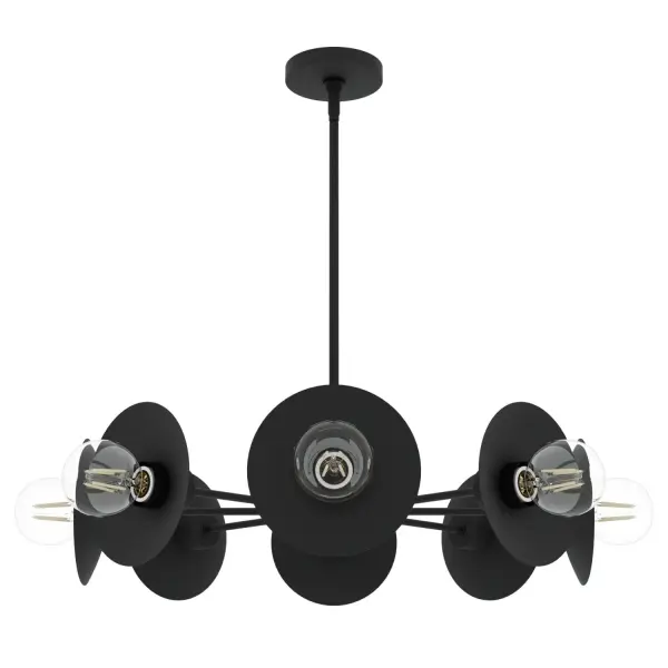 Modernist and contemporary design converge in the striking Fernando Chandelier, presenting a unique interpretation of the iconic Starburst/Sputnik aesthetic. The inventive exposed bulb arrangement, paired with floating black shades, renders this avant-garde fixture an instant conversation starter at any social gathering. Designed in collaboration with Jasmine Roth to be the centerpiece, the Fernando Chandelier readies your space to leave a memorable impression. Harmonize and enhance your decor by mixing and matching with other fixtures from the Jasmine Roth Collection or our sophisticated ceiling fan designs. Rated for Indoor use only Requires 8 E26 Bulbs. Bulbs not included. Modern design MADE FOR INDOORS: For use in indoor spaces like kitchens, bedrooms, living rooms, dining rooms, and entryways. BULB RECOMMENDATION: Maximum 60 W per light bulb or equivalent LED bulb. Bulbs not included. PICTURED HERE: Match our image using G25 Edison light bulbs. Bulbs not included. MODERN: The clean lines of the modern interior design style uses a monochromatic color palette that features minimalism, natural materials, and natural light. CUSTOMIZABLE HANGING OPTIONS: With the minimum required cord, the hanging length is 13.25 inches. When using all of the included extensions, the maximum hanging length is 61.25 inches. WARRANTY: One-year limited warranty backed by the trusted experts at Hunter.
