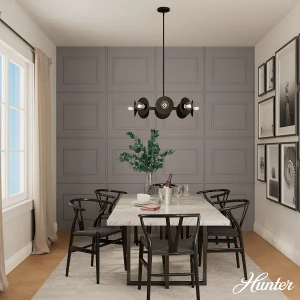 Modernist and contemporary design converge in the striking Fernando Chandelier, presenting a unique interpretation of the iconic Starburst/Sputnik aesthetic. The inventive exposed bulb arrangement, paired with floating black shades, renders this avant-garde fixture an instant conversation starter at any social gathering. Designed in collaboration with Jasmine Roth to be the centerpiece, the Fernando Chandelier readies your space to leave a memorable impression. Harmonize and enhance your decor by mixing and matching with other fixtures from the Jasmine Roth Collection or our sophisticated ceiling fan designs. Rated for Indoor use only Requires 8 E26 Bulbs. Bulbs not included. Modern design MADE FOR INDOORS: For use in indoor spaces like kitchens, bedrooms, living rooms, dining rooms, and entryways. BULB RECOMMENDATION: Maximum 60 W per light bulb or equivalent LED bulb. Bulbs not included. PICTURED HERE: Match our image using G25 Edison light bulbs. Bulbs not included. MODERN: The clean lines of the modern interior design style uses a monochromatic color palette that features minimalism, natural materials, and natural light. CUSTOMIZABLE HANGING OPTIONS: With the minimum required cord, the hanging length is 13.25 inches. When using all of the included extensions, the maximum hanging length is 61.25 inches. WARRANTY: One-year limited warranty backed by the trusted experts at Hunter. - alternate view