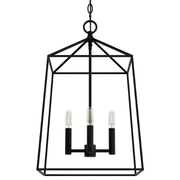 Incorporating elements of the "vintage greenhouse" style, the Fair Oaks Lantern Pendant exudes classic delicacy with an effervescent glow. The distinct sharp, geometric lines of this piece work in concert with the soft light it casts, making it a perfect addition to kitchens and dining rooms. This unique pendant, designed through a creative collaboration with Jasmine Roth, is poised to elevate any style, infusing an air of elegance and beauty in any setting. This stunning pendant light is designed to make an impact, creating a focal point in any room. Make a statement with the Fair Oaks Pendant and enjoy its timeless beauty for years to come. Rated for Indoor use only Requires 4 E12 Bulbs. Bulbs not included. Transitional design MADE FOR INDOORS: For use in indoor spaces like kitchens, bedrooms, living rooms, dining rooms, and entryways. BULB RECOMMENDATION: Maximum 60 W per light bulb or equivalent LED bulb. Bulbs not included. PICTURED HERE: Match our image using T6 Edison light bulbs. Bulbs not included. TRANSITIONAL: The transitional style celebrates natural light and a relaxed feel with smooth, blending details that create warm yet modern spaces with the best of both worlds; elegant, minimal and adaptable. CUSTOMIZABLE HANGING OPTIONS: With the minimum required cord, the hanging length is 24.75 inches. When using all of the included extensions, the maximum hanging length is 169.75 inches. WARRANTY: One-year limited warranty backed by the trusted experts at Hunter. - alternate view