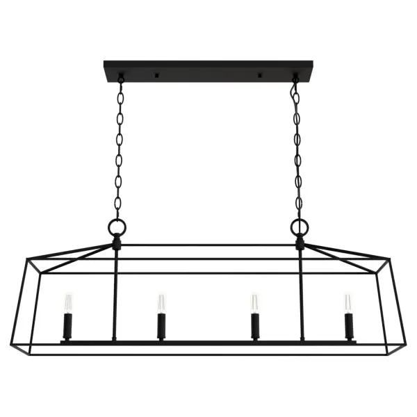Infused with a touch of "vintage greenhouse" style, the Fair Oaks Linear Chandelier radiates charm and elegance. This delicate, classic piece, designed in partnership with Jasmine Roth, combines sharp geometric lines and a soft, welcoming glow, making it a standout feature in any kitchen or dining room. Elevate any space or style with the Fair Oaks Chandelier and bring out its beauty wherever you put it! Harmoniously mix and match with other fixtures from the Jasmine Roth Collection or our sophisticated ceiling fan designs to achieve a cohesive and captivating aesthetic. Rated for Indoor use only Requires 4 E12 Bulbs. Bulbs not included. Transitional design MADE FOR INDOORS: For use in indoor spaces like kitchens, bedrooms, living rooms, dining rooms, and entryways. BULB RECOMMENDATION: Maximum 60 W per light bulb or equivalent LED bulb. Bulbs not included. PICTURED HERE: Match our image using Candelabra light bulbs. Bulbs not included. TRANSITIONAL: The transitional style celebrates natural light and a relaxed feel with smooth, blending details that create warm yet modern spaces with the best of both worlds; elegant, minimal and adaptable. CUSTOMIZABLE HANGING OPTIONS: With the minimum required cord, the hanging length is 17.5 inches. When using all of the included extensions, the maximum hanging length is 54.5 inches. WARRANTY: One-year limited warranty backed by the trusted experts at Hunter. - alternate view