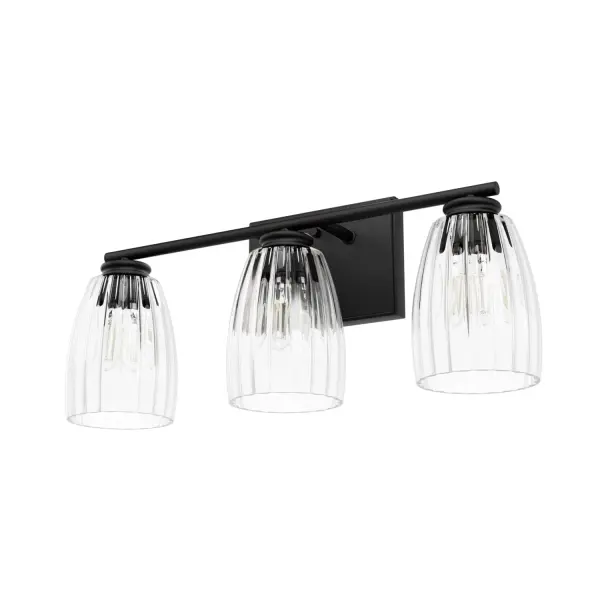 Infuse your bathroom with 1920s glamour and retro charm using the exquisite Rossmoor 3 Light Bathroom Vanity. This impeccable fixture brings your vintage fantasies to life, boasting distinctive fluted glass and dazzling details that envelop your bathroom in an aura of subtle sophistication. Designed in collaboration with Jasmine Roth, the Rossmoor Collection imparts a glamorous, vintage-inspired touch to your decor, whisking you away to the elegance of a bygone era. Rated for indoor spaces exposed to humidity Requires 3 E26 Bulbs. Bulbs not included. Up or Down Mount INDOOR-DAMP RATED: For use in indoor spaces exposed to humidity like bathrooms and laundry rooms. BULB RECOMMENDATION: Maximum 60 W per light bulb or equivalent LED bulb. Bulbs not included. PICTURED HERE: Match our image using A19 Edison light bulbs. Bulbs not included. MODERN: The clean lines of the modern interior design style uses a monochromatic color palette that features minimalism, natural materials, and natural light. WARRANTY: One-year limited warranty backed by the trusted experts at Hunter. - alternate view