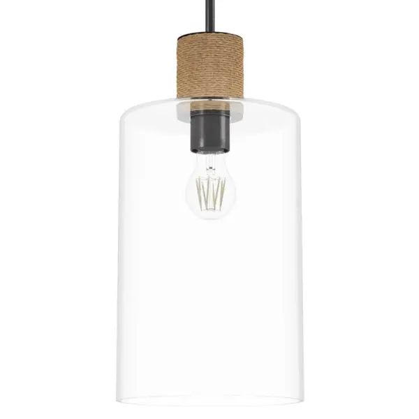T​he Vanning 9 inch Pendant lighting achieves the perfect melding of both vintage charm and trendy boho. Its clear glass and rope detailing makes the Vanning Pendant elevate your space and highlight your style. Designed in collaboration with Jasmine Roth, Vanning Collection has a one-of-a-kind, hand-crafted touch that you can replicate in your own house. Mix and match with other fixtures from Jasmine Roth's lighting collection or from our other designs. Rated for Indoor use only Requires 1 E26 Bulbs. Bulbs not included. Modern design MADE FOR INDOORS: For use in indoor spaces like kitchens, bedrooms, living rooms, dining rooms, and entryways. BULB RECOMMENDATION: Maximum 60 W per light bulb or equivalent LED bulb. Bulbs not included. PICTURED HERE: Match our image using A19 Edison light bulbs. Bulbs not included. MODERN: The clean lines of the modern interior design style uses a monochromatic color palette that features minimalism, natural materials, and natural light. CUSTOMIZABLE HANGING OPTIONS: With the minimum required cord, the hanging length is 27 inches. When using all of the included extensions, the maximum hanging length is 75 inches. WARRANTY: One-year limited warranty backed by the trusted experts at Hunter.