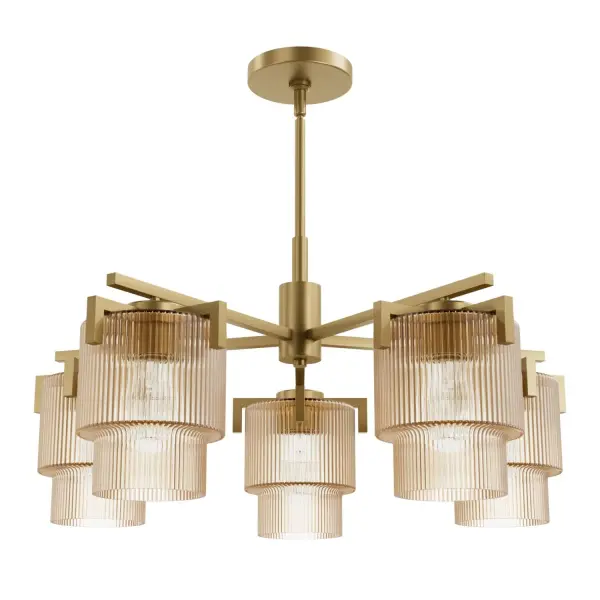 Illuminate your space with the timeless brilliance of the Ontario 5 Light Chandelier from the Jasmine Roth Collection. This stunning chandelier embodies a Formal Transitional style, blending classic elegance with a touch of glam. The chandelier features trending ribbed glass uniquely molded in one piece, creating a seamless and sophisticated look. Perfect for adding a statement to dining rooms, foyers, or living spaces, the Ontario 5 Light Chandelier brings timeless beauty and modern design together, making it an ideal centerpiece for any room in need of a touch of luxury. Rated for Indoor use only. Requires 5 E26 Bulbs. Bulbs not included. Down Mount Only TRANSITIONAL: Light, relaxed, elegant. MADE FOR INDOORS: For use in indoor spaces like kitchens, bedrooms, living rooms, dining rooms, and entryways. BULB RECOMMENDATION: Maximum 60 W per light bulb or equivalent LED bulb. Bulbs not included. IDEAL DIMENSIONS: 27" diameter, perfect for dining tables 44" - 60" in diameter. TRANSITIONAL: The transitional style celebrates natural light and a relaxed feel with smooth, blending details that create warm yet modern spaces with the best of both worlds; elegant, minimal and adaptable. TRENDING DESIGN: Features stylish ribbed glass for a contemporary aesthetic. PREMIUM MATERIALS: High-quality Clear glass or plated Amber glass that is scratch-resistant for lasting beauty. UNIQUE CRAFTSMANSHIP: Glass is uniquely molded in one seamless piece for a refined finish. WARRANTY: One-year limited warranty backed by the trusted experts at Hunter.
