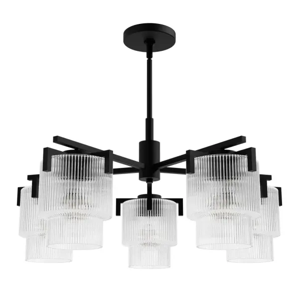 Illuminate your space with the timeless brilliance of the Ontario 5 Light Chandelier from the Jasmine Roth Collection. This stunning chandelier embodies a Formal Transitional style, blending classic elegance with a touch of glam. The chandelier features trending ribbed glass uniquely molded in one piece, creating a seamless and sophisticated look. Perfect for adding a statement to dining rooms, foyers, or living spaces, the Ontario 5 Light Chandelier brings timeless beauty and modern design together, making it an ideal centerpiece for any room in need of a touch of luxury. Rated for Indoor use only. Requires 5 E26 Bulbs. Bulbs not included. Down Mount Only TRANSITIONAL: Light, relaxed, elegant. MADE FOR INDOORS: For use in indoor spaces like kitchens, bedrooms, living rooms, dining rooms, and entryways. BULB RECOMMENDATION: Maximum 60 W per light bulb or equivalent LED bulb. Bulbs not included. IDEAL DIMENSIONS: 27" diameter, perfect for dining tables 44" - 60" in diameter. TRANSITIONAL: The transitional style celebrates natural light and a relaxed feel with smooth, blending details that create warm yet modern spaces with the best of both worlds; elegant, minimal and adaptable. TRENDING DESIGN: Features stylish ribbed glass for a contemporary aesthetic. PREMIUM MATERIALS: High-quality Clear glass or plated Amber glass that is scratch-resistant for lasting beauty. UNIQUE CRAFTSMANSHIP: Glass is uniquely molded in one seamless piece for a refined finish. WARRANTY: One-year limited warranty backed by the trusted experts at Hunter. - alternate view