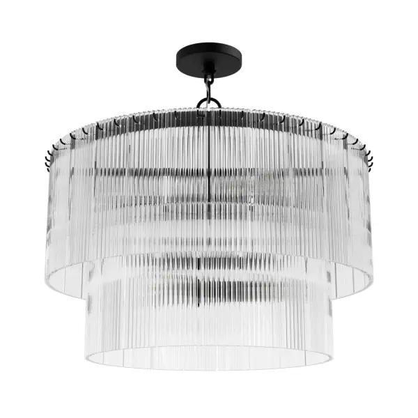 Shine a light on elegance with the Ontario 6 Light Chandelier from the Jasmine Roth Collection. This Formal Transitional fixture features trending ribbed glass panels elegantly suspended around metal rings to create stunning tiers of light. Perfectly sized for dining tables 42" to 54" in diameter, this chandelier adds a touch of refined elegance to your dining room, bedroom, or foyer. Great in Black or Gold Ontario chandelier combines style and sophistication, making it an ideal choice for those looking to enhance their home with a statement piece that offers both beauty and function. Rated for Indoor use only. Requires 6 E26 Bulbs. Bulbs not included. Down Mount Only TRANSITIONAL: Light, relaxed, elegant. MADE FOR INDOORS: For use in indoor spaces like kitchens, bedrooms, living rooms, dining rooms, and entryways. BULB RECOMMENDATION: Maximum 60 W per light bulb or equivalent LED bulb. Bulbs not included. VERSATILE INSTALLATION: Perfect for dining tables 42" - 54" in diameter, and also an excellent choice for a bedroom or foyer light. TRANSITIONAL: The transitional style celebrates natural light and a relaxed feel with smooth, blending details that create warm yet modern spaces with the best of both worlds; elegant, minimal and adaptable. IDEAL DIMENSIONS: 24"" diameter x 20"" height, perfectly sized for various spaces. TRENDING DESIGN: Features stylish ribbed glass for a modern aesthetic. PREMIUM MATERIALS: High-quality Clear glass or plated Amber glass that is scratch-resistant for lasting beauty. ELEGANT STRUCTURE: Glass panels hung around metal rings to create beautiful tiers. WARRANTY: One-year limited warranty backed by the trusted experts at Hunter. - alternate view