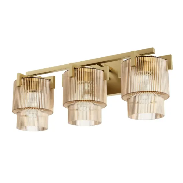 Brighten your bathroom with sophisticated charm through the Ontario Jasmine Roth 3 Light Bath Vanity. Featuring trending ribbed glass uniquely molded in one piece, this vanity light adds a touch of sophistication to any space. Designed for durability, it's rated for damp locations, making it ideal for bathrooms. The Ontario 3 Light Bath Vanity seamlessly combines timeless design with practical functionality, offering a luxurious and stylish lighting solution for your home. Rated for indoor spaces exposed to humidity. Requires 3 E26 Bulbs. Bulbs not included. Down Mount Only TRANSITIONAL: Light, relaxed, elegant. DAMP RATED: Designed for safe and reliable use in bathrooms, laundry rooms, or other damp environments. BULB RECOMMENDATION: Maximum 60 W per light bulb or equivalent LED bulb. Bulbs not included. COMPACT SIZE: 24" wide, ideal for versatile placements in various spaces. TRANSITIONAL: The transitional style celebrates natural light and a relaxed feel with smooth, blending details that create warm yet modern spaces with the best of both worlds; elegant, minimal and adaptable. PREMIUM MATERIALS: High-quality Clear glass or plated Amber glass that is scratch-resistant for lasting beauty. WARRANTY: One-year limited warranty backed by the trusted experts at Hunter. - alternate view