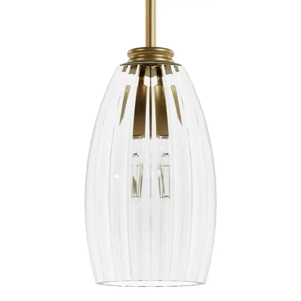 Imbued with glamour, the Rossmoor Pendant, designed in collaboration with Jasmine Roth, serves as the quintessential lighting fixture to realize your vintage reveries. Its distinct fluted glass and striking details produce a subtle yet resplendent glow that elevates any room. Ideally suited for kitchens and dining rooms, this glamorous pendant light makes your kitchen decor feel like a 1920s film set. Complement the retro ambiance with other fixtures from the Rossmoor Collection and immerse yourself in the elegance of a bygone era. Rated for Indoor use only Requires 1 E26 Bulbs. Bulbs not included. Modern design MADE FOR INDOORS: For use in indoor spaces like kitchens, bedrooms, living rooms, dining rooms, and entryways. BULB RECOMMENDATION: Maximum 60 W per light bulb or equivalent LED bulb. Bulbs not included. PICTURED HERE: Match our image using A19 Edison light bulbs. Bulbs not included. MODERN: The clean lines of the modern interior design style uses a monochromatic color palette that features minimalism, natural materials, and natural light. CUSTOMIZABLE HANGING OPTIONS: With the minimum required cord, the hanging length is 19.5 inches. When using all of the included cord, the maximum hanging length is 67.5 inches. WARRANTY: One-year limited warranty backed by the trusted experts at Hunter.