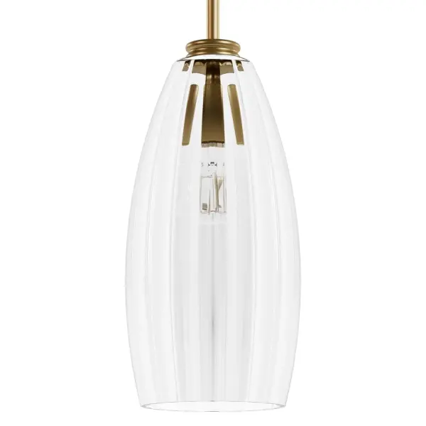 Designed in collaboration with Jasmine Roth, the Rossmoor 7 inch Pendant is the perfect fixture to turn your vintage daydreams into reality. With its unique fluted clear glass and glamorous details, the Rossmoor will make your room glow with subtle beauty. Ideal in multiples over a kitchen island, this pendant will transform your traditional decor into a 1920s movie set. The Rossmoor Collection offers a vintage-inspired touch to your home. Rated for Indoor use only Requires 1 E26 Bulbs. Bulbs not included. Modern design MADE FOR INDOORS: For use in indoor spaces like kitchens, bedrooms, living rooms, dining rooms, and entryways. BULB RECOMMENDATION: Maximum 60 W per light bulb or equivalent LED bulb. Bulbs not included. MODERN: The clean lines of the modern interior design style uses a monochromatic color palette that features minimalism, natural materials, and natural light. CUSTOMIZABLE HANGING OPTIONS: With the minimum required cord, the hanging length is 23 inches. When using all of the included extensions, the maximum hanging length is 71 inches. WARRANTY: One-year limited warranty backed by the trusted experts at Hunter.