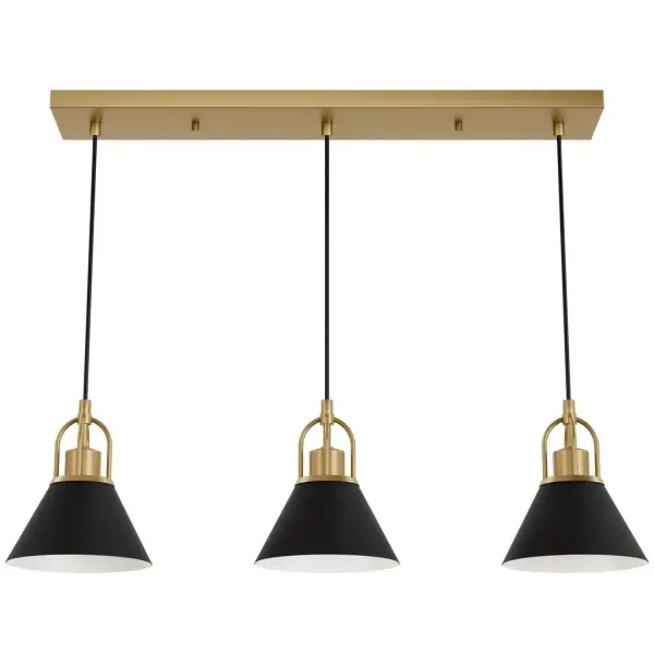 Embodying simplicity and elegance, the Carrington Isle Linear Cluster infuses any space with an aura of sophistication and grace. This refined fixture, designed in collaboration with Jasmine Roth, showcases exquisite arched details, a striking two-tone finish, and sleek metal shades. The cone-shaped shades accentuate the streamlined silhouette of the Carrington Isle, exuding subtle elegance. Effortlessly integrate with other fixtures from the Jasmine Roth Collection or our stylish ceiling fan designs to create a cohesive and polished interior design. Rated for Indoor use only Requires 3 E26 Bulbs. Bulbs not included. Transitional design MADE FOR INDOORS: For use in indoor spaces like kitchens, bedrooms, living rooms, dining rooms, and entryways. BULB RECOMMENDATION: Maximum 60 W per light bulb or equivalent LED bulb. Bulbs not included. PICTURED HERE: Match our image using A19 Edison light bulbs. Bulbs not included. TRANSITIONAL: The transitional style celebrates natural light and a relaxed feel with smooth, blending details that create warm yet modern spaces with the best of both worlds; elegant, minimal and adaptable. CUSTOMIZABLE HANGING OPTIONS: With the minimum required cord, the hanging length is 10 inches. When using all of the included extensions, the maximum hanging length is 122 inches. WARRANTY: One-year limited warranty backed by the trusted experts at Hunter.