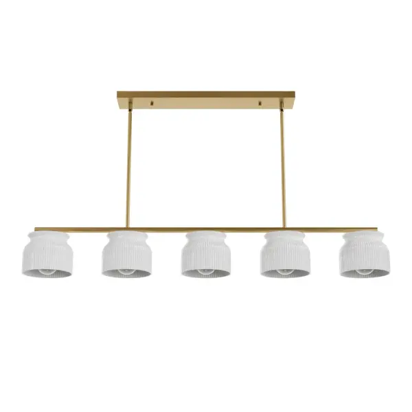 Bring a burst of brilliance to your space with the Harlowe 5 Light Island Linear fixture from the Jasmine Roth Collection. Perfect for long islands or rectangular tables, this fixture blends casual transitional style with modern elegance. Its five lights provide even distribution of light through high-quality ribbed milk glass, ensuring a warm, inviting glow. The scratch-resistant glass adds durability, making it a lasting centerpiece for your dining or kitchen area. Illuminate your home with both style and function, creating a beautifully lit space for any occasion. Rated for Indoor use only. Requires 5 E26 Bulbs. Bulbs not included. Down Mount Only MODERN: Clean lines, minimal, natural. MADE FOR INDOORS: For use in indoor spaces like kitchens, bedrooms, living rooms, dining rooms, and entryways. BULB RECOMMENDATION: Maximum 60 W per light bulb or equivalent LED bulb. Bulbs not included. PERFECT FIT: Great for illuminating a long island or a large rectangular table. MODERN: The clean lines of the modern style uses a monochromatic color palette the inspires with clean lines, minimalism, natural materials, and natural light. IDEAL DIMENSIONS: 51"" wide, ideal for larger spaces. DURABLE MATERIALS: Scratch-resistant design ensures long-lasting beauty and performance. EVEN LIGHT DISTRIBUTION: Provides consistent illumination with high-quality ribbed, milk glass. WARRANTY: One-year limited warranty backed by the trusted experts at Hunter.