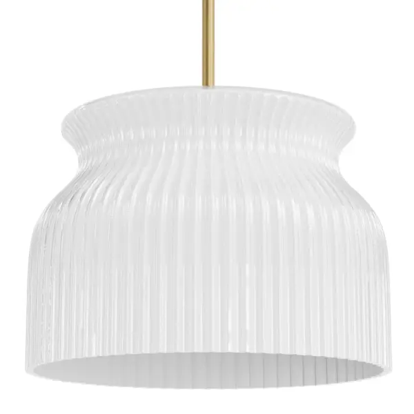 Brighten your d&amp;eacute:cor with the Harlowe 1 Light Pendant in Luxe Gold from the Jasmine Roth Collection. Perfectly blending casual transitional style with modern elegance, this pendant features high-quality ribbed milk glass that ensures even light distribution and is scratch-resistant for lasting beauty. Ideal for hanging in multiples over a kitchen island or as a statement piece above a small table, the Harlowe pendant adds a touch of sophistication and warmth to any setting. Rated for Indoor use only. Requires 1 E26 Bulbs. Bulbs not included. Down Mount Only MODERN: Clean lines, minimal, natural. MADE FOR INDOORS: For use in indoor spaces like kitchens, bedrooms, living rooms, dining rooms, and entryways. BULB RECOMMENDATION: Maximum 60 W per light bulb or equivalent LED bulb. Bulbs not included. VERSATILE INSTALLATION: Perfect for hanging multiples over an island or as a stylish accent above a small table. MODERN: The clean lines of the modern style uses a monochromatic color palette the inspires with clean lines, minimalism, natural materials, and natural light. COMPACT SIZE: 14" wide, ideal for versatile placement in various spaces. DURABLE MATERIALS: Scratch-resistant construction ensures long-lasting beauty and functionality. EVEN LIGHT DISTRIBUTION: Provides consistent illumination with high-quality ribbed, milk glass. WARRANTY: One-year limited warranty backed by the trusted experts at Hunter.