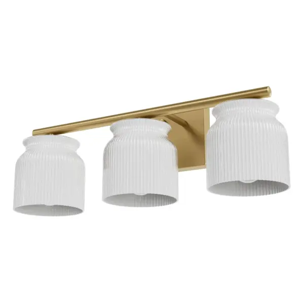 Grace your space with contemporary elegance using the Harlowe 1 Light Flush Mount in Luxe Gold from the Jasmine Roth Collection. Designed in a casual transitional style, this fixture offers even light distribution through its high-quality ribbed milk glass, which is both scratch-resistant and durable. Perfect for damp locations like bathrooms and laundry rooms, the Harlowe flush mount combines practicality with a touch of luxury, making it an ideal choice for any home. Rated for indoor spaces exposed to humidity. Requires 3 E26 Bulbs. Bulbs not included. Down Mount Only MODERN: Clean lines, minimal, natural. DAMP RATED: Designed for safe and reliable use in bathrooms, laundry rooms, or other damp environments. BULB RECOMMENDATION: Maximum 60 W per light bulb or equivalent LED bulb. Bulbs not included. DURABLE MATERIALS: Scratch-resistant construction ensures long-lasting beauty and functionality. MODERN: The clean lines of the modern style uses a monochromatic color palette the inspires with clean lines, minimalism, natural materials, and natural light. EVEN LIGHT DISTRIBUTION: Provides consistent illumination with high-quality ribbed, milk glass. WARRANTY: One-year limited warranty backed by the trusted experts at Hunter.