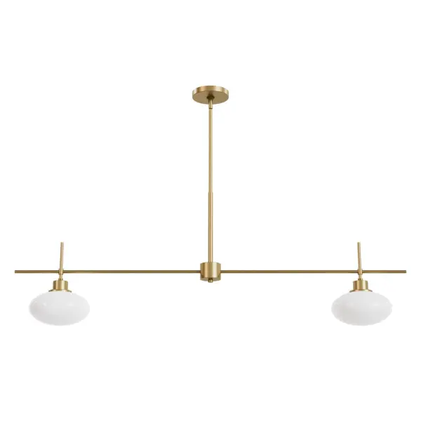 Capture the essence of modern luxury with the Getty 2 Light Island from the Jasmine Roth Collection. This 52" wide fixture, finished in Luxe Gold, is designed for those who appreciate both style and function. The uniquely crafted ellipse-shaped milk glass ensures an even wash of light, enhanced by its durable, scratch-resistant quality. Perfectly sized for long tables or islands, it's the ultimate addition to elevate your space. Rated for Indoor use only. Requires 2 E26 Bulbs. Bulbs not included. Down Mount Only MODERN: Clean lines, minimal, natural. MADE FOR INDOORS: For use in indoor spaces like kitchens, bedrooms, living rooms, dining rooms, and entryways. BULB RECOMMENDATION: Maximum 60 W per light bulb or equivalent LED bulb. Bulbs not included. IDEAL DIMENSIONS: Suited for 8-seater rectangular tables (76"" or longer) or for placement over a long island. MODERN: The clean lines of the modern style uses a monochromatic color palette the inspires with clean lines, minimalism, natural materials, and natural light. DISTINCTIVE DESIGN: Features unique ellipse-shaped milk glass for a stylish and modern look. TRENDING STYLE: Two-light long linear design, measuring 52" wide, perfect for contemporary spaces. DURABLE MATERIALS: Scratch-resistant, high-quality glass ensures long-lasting beauty. EVEN LIGHT DISTRIBUTION: Provides balanced illumination with high-quality cased white glass. WARRANTY: One-year limited warranty backed by the trusted experts at Hunter.