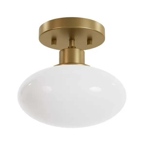 Bring a golden touch of modern elegance to your space with the Getty 1 Light Flush Mount from the Jasmine Roth Collection. This stunning fixture features a unique ellipse-shaped milk glass that ensures even distribution of light, beautifully diffused through high-quality cased white glass. Designed for both style and durability, the scratch-resistant glass and Luxe Gold finish make it a perfect choice for any room, offering a sophisticated yet understated glow. Rated for Indoor use only. Requires 1 E26 Bulbs. Bulbs not included. Down Mount Only MODERN: Clean lines, minimal, natural. MADE FOR INDOORS: For use in indoor spaces like kitchens, bedrooms, living rooms, dining rooms, and entryways. BULB RECOMMENDATION: Maximum 60 W per light bulb or equivalent LED bulb. Bulbs not included. IDEAL DIMENSIONS: 34" wide, perfect for tables 48" in diameter or larger. MODERN: The clean lines of the modern style uses a monochromatic color palette the inspires with clean lines, minimalism, natural materials, and natural light. DISTINCTIVE DESIGN: Features unique ellipse-shaped milk glass for a stylish and modern look. DURABLE MATERIALS: Scratch-resistant, high-quality glass ensures long-lasting beauty. EVEN LIGHT DISTRIBUTION: Provides balanced illumination with high-quality cased white glass. WARRANTY: One-year limited warranty backed by the trusted experts at Hunter.