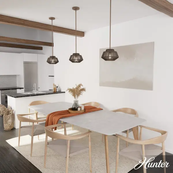 Embrace your bohemian aspirations with the enchanting Brookhollow Mini Pendant. Expertly designed in collaboration with Jasmine Roth, this captivating pendant showcases delicately woven natural rattan shades that allow gentle light to filter through, casting a cozy, warm glow and emphasizing the fashionable elegance of the Brookhollow Mini Pendant. This understated yet striking fixture imbues any space with distinctive character and charm. Effortlessly integrate it with other luminaires from our diverse lighting collections or our chic ceiling fan designs to create a cohesive and charming ambiance. Rated for Indoor use only Requires 1 E26 Bulbs. Bulbs not included. Modern design MADE FOR INDOORS: For use in indoor spaces like kitchens, bedrooms, living rooms, dining rooms, and entryways. BULB RECOMMENDATION: Maximum 60 W per light bulb or equivalent LED bulb. Bulbs not included. PICTURED HERE: Match our image using A19 Edison light bulbs. Bulbs not included. MODERN: The clean lines of the modern interior design style uses a monochromatic color palette that features minimalism, natural materials, and natural light. CUSTOMIZABLE HANGING OPTIONS: With the minimum required cord, the hanging length is 15.5 inches. When using all of the included extensions, the maximum hanging length is 63.5 inches. WARRANTY: One-year limited warranty backed by the trusted experts at Hunter. - alternate view