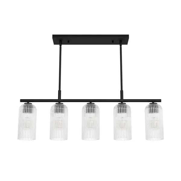 The Beverly Glen chandelier from Jasmine Roth's collection delivers transitional style with its clean-lined steel frame and clear glass shades. The 36.5-inch linear design works beautifully over kitchen islands and dining tables.