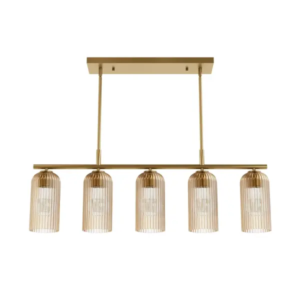 Brighten your culinary space with the stunning Beverly Glen 5 Linear Kitchen Island Chandelier from the Jasmine Roth Collection. Available in Luxe Gold or Matte Black finishes with amber or clear glass, this chandelier combines style and functionality. Its transitional design effortlessly merges classic elegance with modern sophistication, making it the perfect centerpiece for your kitchen island. Rated for indoor use, the Beverly Glen Chandelier casts a warm, inviting glow, transforming your kitchen into a chic and stylish space. Illuminate your culinary haven with this stunning and versatile fixture. Rated for Indoor use only. Requires 5 E26 Bulbs. Bulbs not included. Down Mount Only TRANSITIONAL: Light, relaxed, elegant. MADE FOR INDOORS: For use in indoor spaces like kitchens, bedrooms, living rooms, dining rooms, and entryways. BULB RECOMMENDATION: Maximum 60 W per light bulb or equivalent LED bulb. Bulbs not included. TRANSITIONAL: The transitional style celebrates natural light and a relaxed feel with smooth, blending details that create warm yet modern spaces with the best of both worlds; elegant, minimal and adaptable. PREMIUM MATERIALS: High-quality Clear glass or plated Amber glass that is scratch-resistant for lasting beauty. TRENDING DESIGN: Features a stylish ribbed glass pattern that complements modern aesthetics. SPACIOUS FIT: At 37" wide, it's perfect for illuminating a long island or a large rectangular table. WARRANTY: One-year limited warranty backed by the trusted experts at Hunter. - alternate view