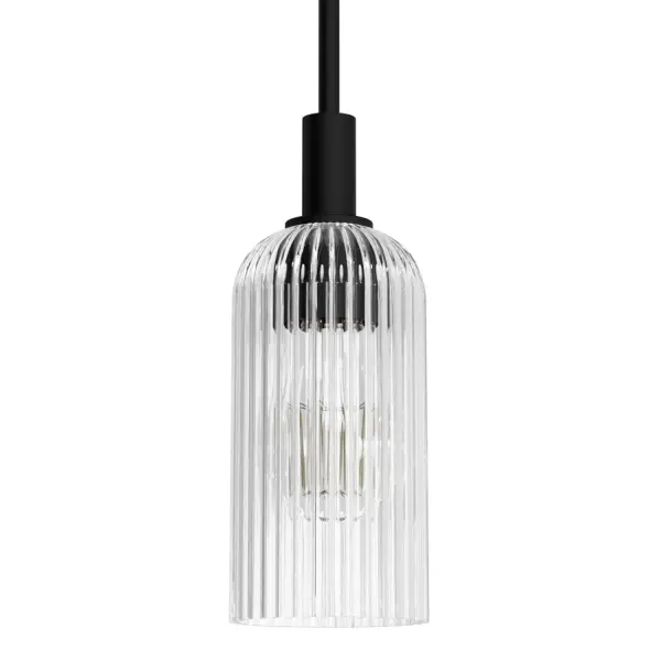 Meet the dazzling Beverly Glen 1 Light Mini Pendant from the Jasmine Roth Collection. Choose from a Luxe Gold or Matte Black finish paired with plated, high-quality amber or clear glass to perfectly complement your kitchen island. The scratch-resistant, trending ribbed glass adds a touch of modern elegance. This indoor-rated fixture's formal modern design artfully blends classic elegance with modern appeal, making it a versatile choice for any interior. Illuminate your space with a warm, inviting glow and elevate your home d&amp;eacute:cor with the sophisticated charm of the Beverly Glen Mini Pendant. Transform your kitchen into a stylish haven with this unique and timeless piece. Rated for Indoor use only. Requires 1 E26 Bulbs. Bulbs not included. TRANSITIONAL: Light, relaxed, elegant. Minimum overall height: 21 inches. Maximum overall height, when all included downrods are used: 69 inches. MADE FOR INDOORS: For use in indoor spaces like kitchens, bedrooms, living rooms, dining rooms, and entryways. BULB RECOMMENDATION: Maximum 60 W per light bulb or equivalent LED bulb. Bulbs not included. TRANSITIONAL: The transitional style celebrates natural light and a relaxed feel with smooth, blending details that create warm yet modern spaces with the best of both worlds; elegant, minimal and adaptable. CUSTOMIZABLE HANGING OPTIONS: With the minimum required downrods, the hanging length is 24 inches. When using all of the included extensions, the maximum hanging length is 69 inches. PREMIUM MATERIALS: High-quality Clear glass or plated Amber glass that is scratch-resistant for lasting beauty. TRENDING DESIGN: Showcases a stylish ribbed glass pattern that adds a modern, elegant touch to any space. VERSATILE INSTALLATION: Perfect for hanging in multiples over an island to create a cohesive and sophisticated lighting arrangement. WARRANTY: One-year limited warranty backed by the trusted experts at Hunter. - alternate view