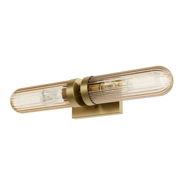 Step into a realm of elegance with the Beverly Glen 2 Light Vanity from the Jasmine Roth Collection. This masterpiece, adorned in a Luxe Gold finish with high-quality, scratch-resistant amber glass, exudes a warm, inviting ambiance. Featuring trending ribbed glass, it offers versatile mounting options both vertically and horizontally. Perfectly suited for damp areas like bathrooms, its formal and modern design seamlessly merges timeless charm with modern flair. Illuminate your space with sophistication and style, and let Beverly Glen redefine your decor. Rated for indoor spaces exposed to humidity. Requires 2 QTY E26 Bulbs. Bulbs not included. TRANSITIONAL: Light, relaxed, elegant. INDOOR-DAMP RATED: For use in indoor spaces exposed to humidity like bathrooms and laundry rooms. BULB RECOMMENDATION: Maximum 60 W per light bulb or equivalent LED bulb. Bulbs not included. TRANSITIONAL: The transitional style celebrates natural light and a relaxed feel with smooth, blending details that create warm yet modern spaces with the best of both worlds; elegant, minimal and adaptable. PREMIUM MATERIALS: High-quality Clear glass or plated Amber glass that is scratch-resistant for lasting beauty. TRENDING DESIGN: Showcases a ribbed glass pattern that's right on trend, adding a modern touch to any space. OPTIMAL LIGHTING: Mounting two sconces vertically on either side of a mirror ensures the best light distribution and minimizes shadows from overhead lighting." VERSATILE INSTALLATION: Mount vertically or horizontally to suit your space and lighting needs. WARRANTY: One-year limited warranty backed by the trusted experts at Hunter.