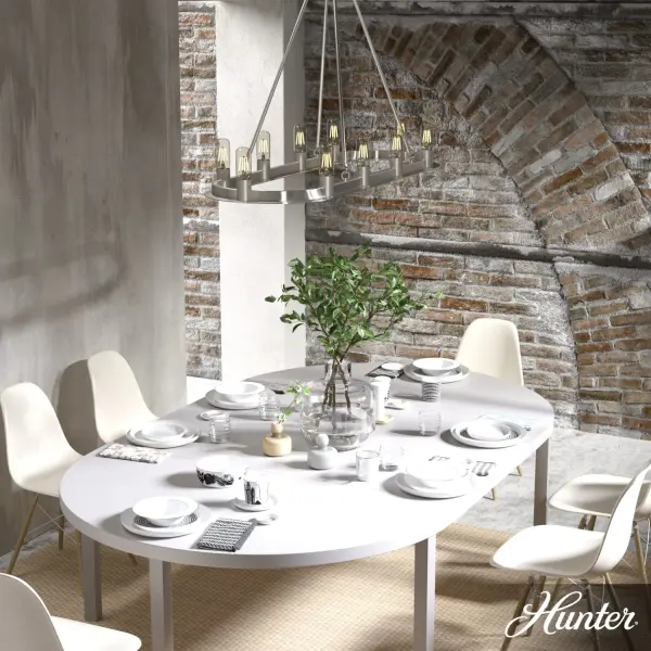 The simple design of the Saddlewood multiple light chandeliers makes it the perfect finishing touch in modern industrial and farmhouse spaces. Fashion the look of this modern farmhouse chandelier based on the light bulb style you choose. With so many lights, this chandelier gives off ample light where you need it. Mix and match with other fixtures from this collection or from our ceiling fan designs. Rated for indoor use only Requires 10 E26 bulbs. Bulbs not included. MADE FOR INDOORS: For use in indoor spaces like kitchens, bedrooms, living rooms, dining rooms, and entryways. BULB RECOMMENDATION: Maximum 60 W per light bulb or equivalent LED bulb. Bulbs not included. PICTURED HERE: Match our image using T12 Tubular light bulbs. CUSTOMIZABLE HANGING OPTIONS: With the minimum required downrod, the hanging length is 30 inches. When using all of the included downrod, the maximum hanging length is 78 inches. WARRANTY: One-year limited warranty backed by the trusted experts at Hunter. - alternate view