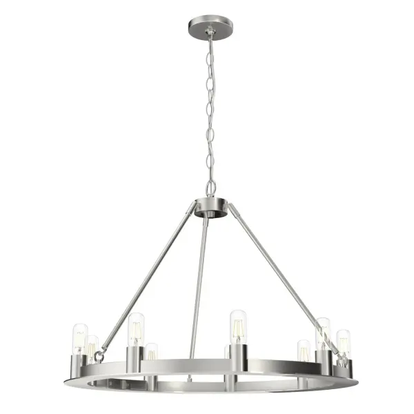 The Saddlewood combines clean lines with rustic charm, offering a 30-inch round frame that works beautifully in both modern farmhouse and industrial settings. Nine exposed bulbs provide excellent illumination and design flexibility.