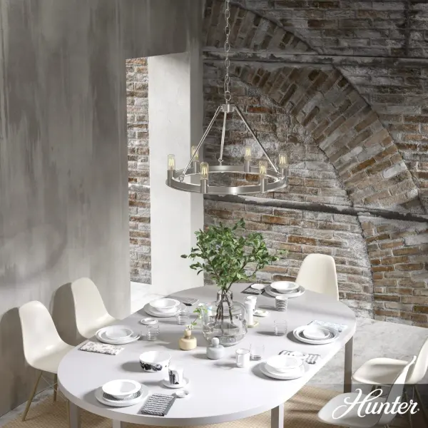 For small spaces that need a big style, the Saddlewood round chandelier fits the bill. The simple yet bold design of the Saddlewood round chandelier makes it the perfect statement piece in modern industrial and farmhouse spaces. Update any of your rooms with a fixture from the Saddlewood collection. Rated for indoor use only Requires 6 E26 bulbs. Bulbs not included. MADE FOR INDOORS: For use in indoor spaces like kitchens, bedrooms, living rooms, dining rooms, and entryways. BULB RECOMMENDATION: Maximum 60 W per light bulb or equivalent LED bulb. Bulbs not included. PICTURED HERE: Match our image using T12 Tubular light bulbs. CUSTOMIZABLE HANGING OPTIONS: With the minimum required chain, the hanging length is 21.5 inches. When using all of the included chain, the maximum hanging length is 95 inches. WARRANTY: One-year limited warranty backed by the trusted experts at Hunter. - alternate view