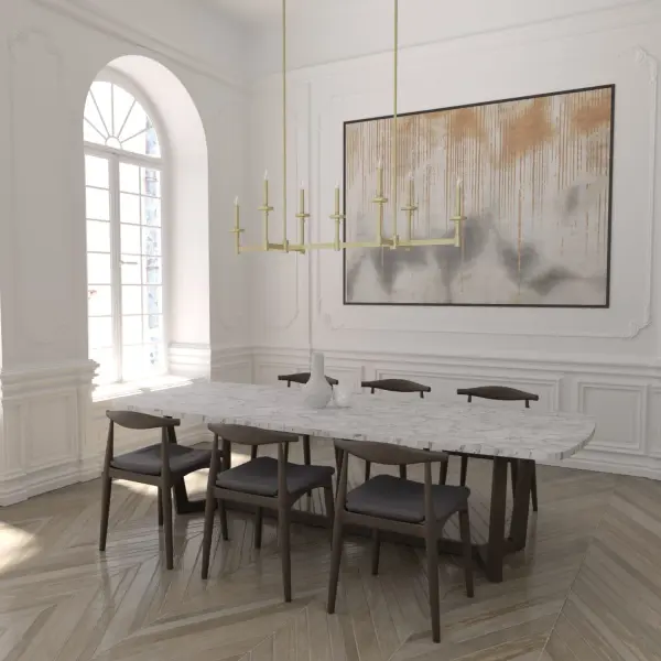 Minimal yet dramatic and full of flair. The Briargrove linear chandelier features simple lines but the layered lights create a striking composition. It's an updated and modern take on the spindle chandelier. With ample opportunity for light, this linear chandelier makes a statement in any space. mix and match with other fixtures from this collection or from our ceiling fan designs. Rated for indoor use only Requires 7 E12 bulbs. Bulbs not included. MADE FOR INDOORS: For use in indoor spaces like kitchens, bedrooms, living rooms, dining rooms, and entryways. BULB RECOMMENDATION: Maximum 60 W per light bulb or equivalent LED bulb. Bulbs not included. PICTURED HERE: Match our image using B10 Candle light bulbs. CUSTOMIZABLE HANGING OPTIONS: With the minimum required downrod, the hanging length is 20.5 inches. When using all of the included downrod, the maximum hanging length is 57.5 inches. WARRANTY: One-year limited warranty backed by the trusted experts at Hunter. - alternate view