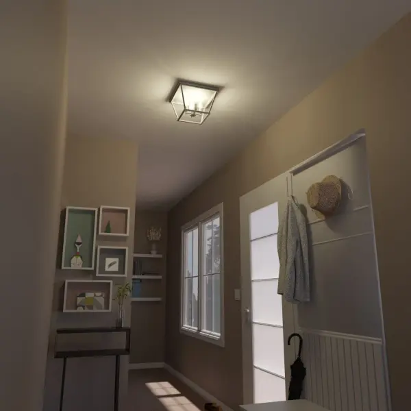 Thoughtful proportions coupled with the airiness of the Laurel Ridge flush mount light give it a bold yet graceful look. A modern take on traditional Georgian style silhouettes, the Laurel Ridge Collection is a fresh look in formal spaces. Rated for indoor spaces exposed to humidity Requires 4 E12 bulbs. Bulbs not included. INDOOR-DAMP RATED: For use in indoor spaces exposed to humidity like bathrooms and laundry rooms. BULB RECOMMENDATION: Maximum 60 W per light bulb or equivalent LED bulb. Bulbs not included. PICTURED HERE: Match our image using B10 Candle light bulbs. FOR LOW CEILINGS: Fits close to the ceiling to optimize headspace and provide stylish lighting. WARRANTY: One-year limited warranty backed by the trusted experts at Hunter. - alternate view