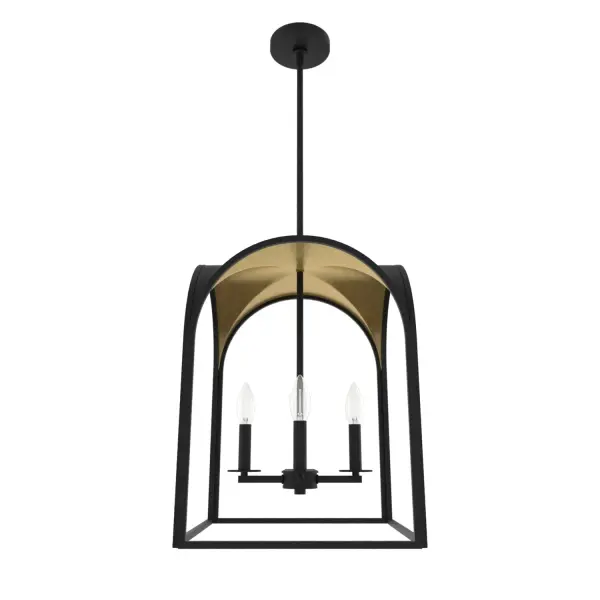 The way the black arched cage contrasts with the metallic finish inside the Dukestown pendant light is stunning with or without the lights on. The lantern light fixture inside is simple yet striking. Whether you hang one or multiple, this modern pendant light leaves an impression. Mix and match with other fixtures from this collection or from our ceiling fan designs. Rated for indoor use only Requires 4 E12 bulbs. Bulbs not included. MADE FOR INDOORS: For use in indoor spaces like kitchens, bedrooms, living rooms, dining rooms, and entryways. BULB RECOMMENDATION: Maximum 60 W per light bulb or equivalent LED bulb. Bulbs not included. PICTURED HERE: Match our image using B10 Candle light bulbs. CUSTOMIZABLE HANGING OPTIONS: With the minimum required downrod, the hanging length is 27.5 inches. When using all of the included downrod, the maximum hanging length is 75.75 inches. WARRANTY: One-year limited warranty backed by the trusted experts at Hunter.