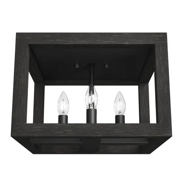Minimalist design that adds warmth and style to your space. Clean lines combined with the fixture's openness enhances the Squire Manor flush mount light's uncluttered and authentic look. With a simple form and subtle wood grain detailing, this lantern-inspired light feels at home in any setting from, farmhouse to Mid-Century modern. Rated for indoor use only Requires 4 E12 bulbs. Bulbs not included. MADE FOR INDOORS: For use in indoor spaces like kitchens, bedrooms, living rooms, dining rooms, and entryways. BULB RECOMMENDATION: Maximum 60 W per light bulb or equivalent LED bulb. Bulbs not included. PICTURED HERE: Match our image using B10 Candle light bulbs. FOR LOW CEILINGS: Fits close to the ceiling to optimize headspace and provide stylish lighting. WARRANTY: One-year limited warranty backed by the trusted experts at Hunter.