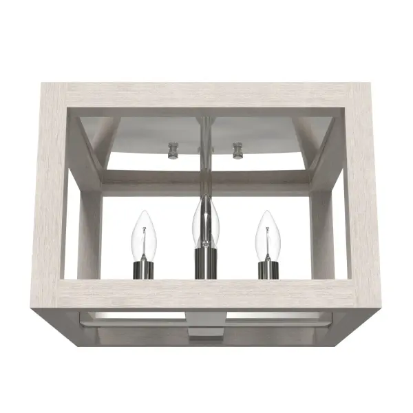 Minimalist design that adds warmth and style to your space. Clean lines combined with the fixture's openness enhances the Squire Manor flush mount light's uncluttered and authentic look. With a simple form and subtle wood grain detailing, this lantern-inspired light feels at home in any setting from, farmhouse to Mid-Century modern. Rated for indoor use only Requires 4 E12 bulbs. Bulbs not included. MADE FOR INDOORS: For use in indoor spaces like kitchens, bedrooms, living rooms, dining rooms, and entryways. BULB RECOMMENDATION: Maximum 60 W per light bulb or equivalent LED bulb. Bulbs not included. PICTURED HERE: Match our image using B10 Candle light bulbs. FOR LOW CEILINGS: Fits close to the ceiling to optimize headspace and provide stylish lighting. WARRANTY: One-year limited warranty backed by the trusted experts at Hunter. - alternate view