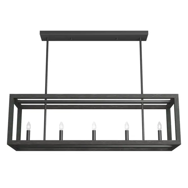 The Squire Manor chandelier combines an open lantern-inspired design with wood-textured detailing and clean lines. Its 40-inch linear form and matte black finish create an airy yet substantial presence over dining tables and kitchen islands.