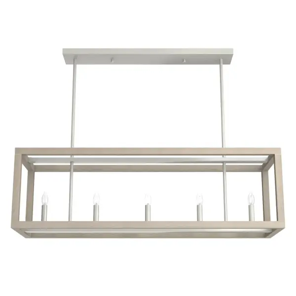 The openness of the Squire Manor linear chandelier coupled with the clean lines and wood-inspired texture gives it an airy and warm aesthetic. With a simple form and subtle wood grain detailing, this lantern-inspired light feels at home in any setting, from farmhouse to Mid-Century modern. Rated for indoor use only Requires 5 E12 bulbs. Bulbs not included. MADE FOR INDOORS: For use in indoor spaces like kitchens, bedrooms, living rooms, dining rooms, and entryways. BULB RECOMMENDATION: Maximum 60 W per light bulb or equivalent LED bulb. Bulbs not included. PICTURED HERE: Match our image using B10 Candle light bulbs. CUSTOMIZABLE HANGING OPTIONS: With the minimum required downrod, the hanging length is 19.25 inches. When using all of the included downrod, the maximum hanging length is 67.25 inches. WARRANTY: One-year limited warranty backed by the trusted experts at Hunter. - alternate view