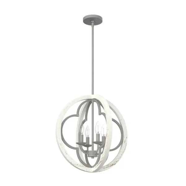 With a beautiful quatrefoil design, hang multiple Gablecrest pendant lights above the dining room table for a stunning, unique look. The Victorian and European design influences in the Gablecrest come together for a fresh look as kitchen island lighting in a farmhouse or French country-inspired spaces. Mix and match with other fixtures from this collection or from our ceiling fan designs. Rated for indoor use only Requires 4 E12 bulbs. Bulbs not included. MADE FOR INDOORS: For use in indoor spaces like kitchens, bedrooms, living rooms, dining rooms, and entryways. BULB RECOMMENDATION: Maximum 60 W per light bulb or equivalent LED bulb. Bulbs not included. PICTURED HERE: Match our image using B10 Candle light bulbs. CUSTOMIZABLE HANGING OPTIONS: With the minimum required downrod, the hanging length is 27.5 inches. When using all of the included downrod, the maximum hanging length is 75.5 inches. WARRANTY: One-year limited warranty backed by the trusted experts at Hunter. - alternate view