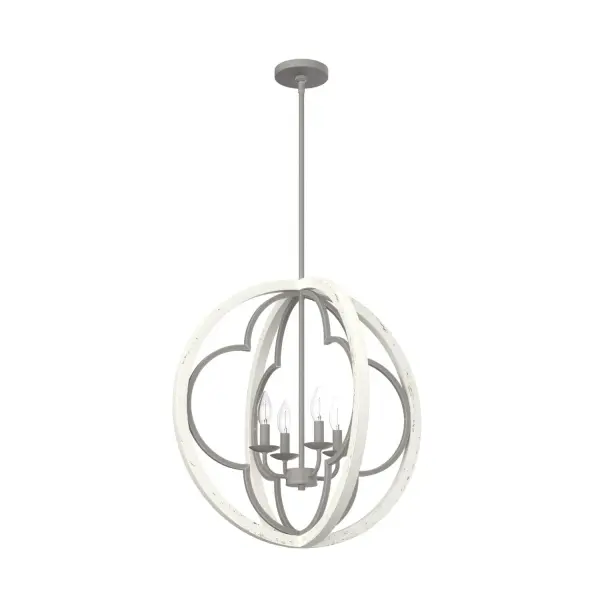 The Victorian and European influences in the Gablecrest 24-inch pendant light's design come together for a look that's stunning above dining room tables and in breakfast nooks. The elegant look of the quatrefoil pattern coupled with the distressed finishes makes it a pendant light fixture that's at home in a French country or farmhouse-inspired spaces. Rated for indoor use only Requires 4 E12 bulbs. Bulbs not included. MADE FOR INDOORS: For use in indoor spaces like kitchens, bedrooms, living rooms, dining rooms, and entryways. BULB RECOMMENDATION: Maximum 60 W per light bulb or equivalent LED bulb. Bulbs not included. PICTURED HERE: Match our image using B10 Candle light bulbs. CUSTOMIZABLE HANGING OPTIONS: With the minimum required downrod, the hanging length is 32.75 inches. When using all of the included downrod, the maximum hanging length is 80.75 inches. WARRANTY: One-year limited warranty backed by the trusted experts at Hunter.