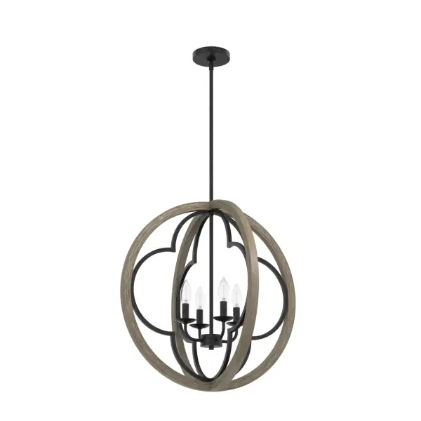 The Victorian and European influences in the Gablecrest 24-inch pendant light's design come together for a look that's stunning above dining room tables and in breakfast nooks. The elegant look of the quatrefoil pattern coupled with the distressed finishes makes it a pendant light fixture that's at home in a French country or farmhouse-inspired spaces. Rated for indoor use only Requires 4 E12 bulbs. Bulbs not included. MADE FOR INDOORS: For use in indoor spaces like kitchens, bedrooms, living rooms, dining rooms, and entryways. BULB RECOMMENDATION: Maximum 60 W per light bulb or equivalent LED bulb. Bulbs not included. PICTURED HERE: Match our image using B10 Candle light bulbs. CUSTOMIZABLE HANGING OPTIONS: With the minimum required downrod, the hanging length is 32.75 inches. When using all of the included downrod, the maximum hanging length is 80.75 inches. WARRANTY: One-year limited warranty backed by the trusted experts at Hunter. - alternate view