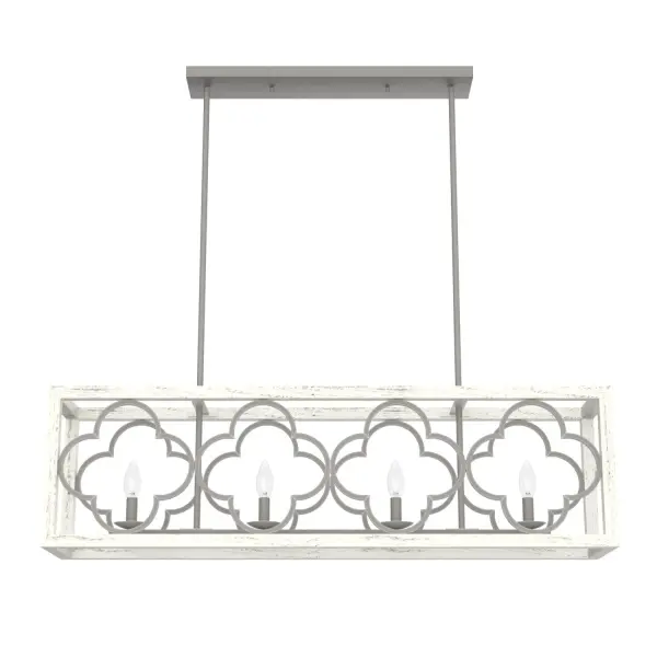 The repeating quatrefoil design coupled with the distressed finishes of the Gablecrest 4 light linear chandelier makes for an elegant yet inviting fixture above dining room tables. The Victorian and European influences in this farmhouse linear chandelier bring warmth and style to rustic and French country-inspired spaces. Rated for indoor use only Requires 4 E12 bulbs. Bulbs not included. MADE FOR INDOORS: For use in indoor spaces like kitchens, bedrooms, living rooms, dining rooms, and entryways. BULB RECOMMENDATION: Maximum 60 W per light bulb or equivalent LED bulb. Bulbs not included. PICTURED HERE: Match our image using B10 Candle light bulbs. CUSTOMIZABLE HANGING OPTIONS: With the minimum required downrod, the hanging length is 19.5 inches. When using all of the included downrod, the maximum hanging length is 67.5 inches. WARRANTY: One-year limited warranty backed by the trusted experts at Hunter.