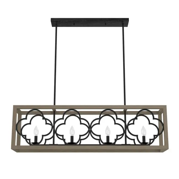 The repeating quatrefoil design coupled with the distressed finishes of the Gablecrest 4 light linear chandelier makes for an elegant yet inviting fixture above dining room tables. The Victorian and European influences in this farmhouse linear chandelier bring warmth and style to rustic and French country-inspired spaces. Rated for indoor use only Requires 4 E12 bulbs. Bulbs not included. MADE FOR INDOORS: For use in indoor spaces like kitchens, bedrooms, living rooms, dining rooms, and entryways. BULB RECOMMENDATION: Maximum 60 W per light bulb or equivalent LED bulb. Bulbs not included. PICTURED HERE: Match our image using B10 Candle light bulbs. CUSTOMIZABLE HANGING OPTIONS: With the minimum required downrod, the hanging length is 19.5 inches. When using all of the included downrod, the maximum hanging length is 67.5 inches. WARRANTY: One-year limited warranty backed by the trusted experts at Hunter. - alternate view