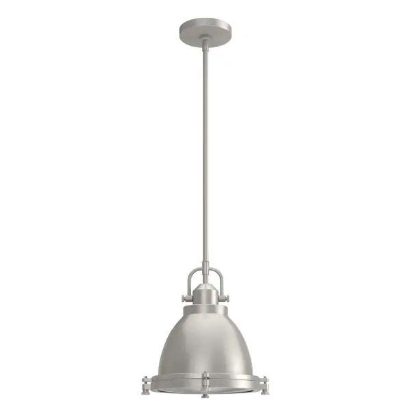 The Bridgemoor pendant light's authentic design is what your modern industrial and farmhouse-style spaces demand. The rustic hardware detailing gives this modern industrial pendant light a warm aesthetic. The dome shape is accented by clear, holophane glass that creates a stunning effect and ample light output. Mix and match with other fixtures from this collection or from our ceiling fan designs. Rated for indoor use only Requires 1 E26 bulbs. Bulbs not included. MADE FOR INDOORS: For use in indoor spaces like kitchens, bedrooms, living rooms, dining rooms, and entryways. BULB RECOMMENDATION: Maximum 60 W per light bulb or equivalent LED bulb. Bulbs not included. CUSTOMIZABLE HANGING OPTIONS: With the minimum required downrod, the hanging length is 20.5 inches. When using all of the included downrod, the maximum hanging length is 68.5 inches. WARRANTY: One-year limited warranty backed by the trusted experts at Hunter. - alternate view