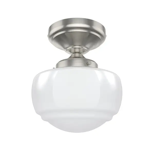 Iconic style, reimagined. Inspired by the classic American schoolhouse light, the Saddle Creek semi-flush mount combines simple design elements to create a subtly sophisticated style. Available in cased white or clear seeded glass, the Saddle Creek's semi-flush mount makes this fixture an ideal choice for smaller spaces or rooms with low ceilings. Mix and match with other fixtures from this collection or from our ceiling fan designs. Rated for indoor spaces exposed to humidity Requires 1 E26 bulbs. Bulbs not included. SCHOOLHOUSE: Structured, nostalgic, inspiring. Great fixture for bathrooms, foyers, or hallways. INDOOR-DAMP RATED: For use in indoor spaces exposed to humidity like bathrooms and laundry rooms. BULB RECOMMENDATION: Maximum 60 W per light bulb or equivalent LED bulb. Bulbs not included. FOR LOW CEILINGS: Fits close to the ceiling to optimize headspace and provide stylish lighting. SCHOOLHOUSE: The timeless style of Schoolhouse design brings a blend of vintage charm and functional elegance to create a structured, nostalgic, and inspiring atmosphere. WARRANTY: One-year limited warranty backed by the trusted experts at Hunter. - alternate view