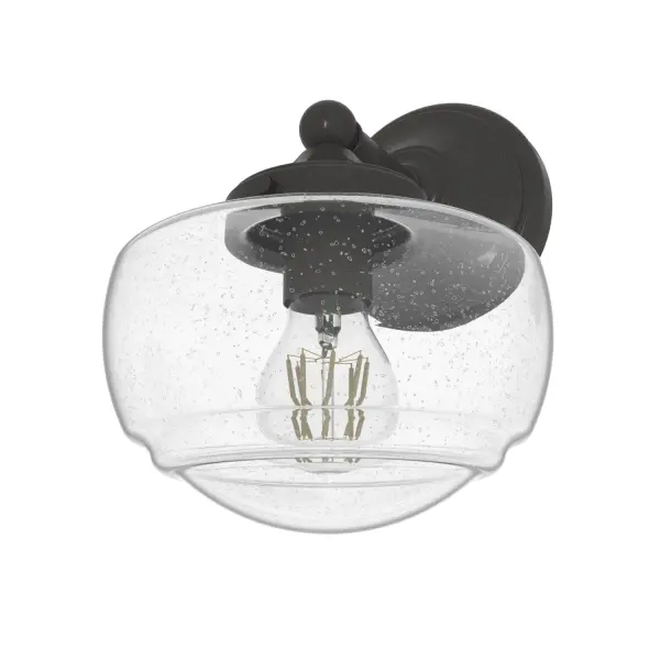 The Saddle Creek wall sconce combines traditional schoolhouse style with elevated elements to create a fresh spin on a classic design. Inspired by the iconic American schoolhouse light, Saddle Creek illustrates the contemporary design principle of better, not more. The detailed glass shade complements the casual simplicity of the sconce's metal fittings and finish. Mix and match with other fixtures from this collection or from our ceiling fan designs. Rated for indoor spaces exposed to humidity Requires 1 E26 bulbs. Bulbs not included. INDOOR-DAMP RATED: For use in indoor spaces exposed to humidity like bathrooms and laundry rooms. BULB RECOMMENDATION: Maximum 60 W per light bulb or equivalent LED bulb. Bulbs not included. PICTURED HERE: Match our image using A19 Standard light bulbs. WARRANTY: One-year limited warranty backed by the trusted experts at Hunter.