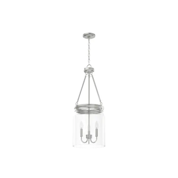 The Devon Park pendant combines elegant farmhouse styling with transitional versatility. Its brushed nickel finish and clear glass shades create a refined look that works beautifully in entryways and dining spaces.