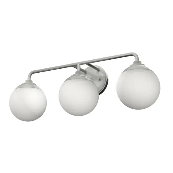 The Hepburn vanity light brings 1920s theater grandeur and retro geometric design to modern bathrooms. Its brushed nickel finish and cased white glass create a sophisticated 'Gatsby glow' perfect for vanity mirrors.